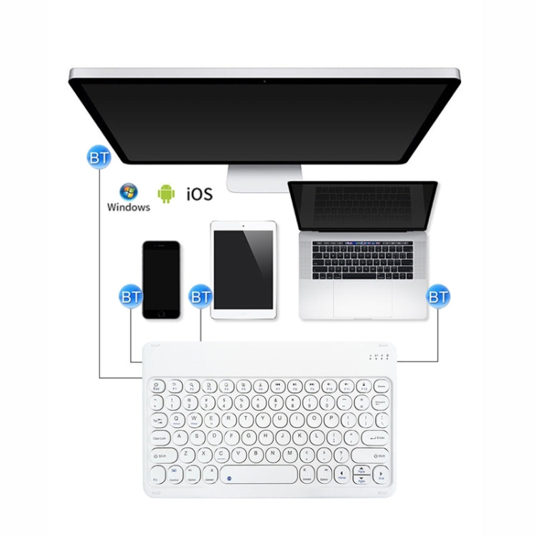 White Bluetooth wireless tablet keyboard shown with phone and laptop pairing icons