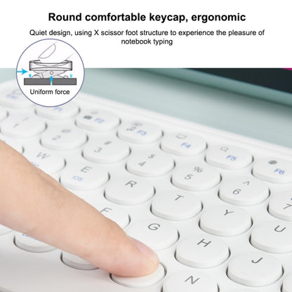 White round-key Bluetooth wireless tablet keyboard with finger resting on scissor keys