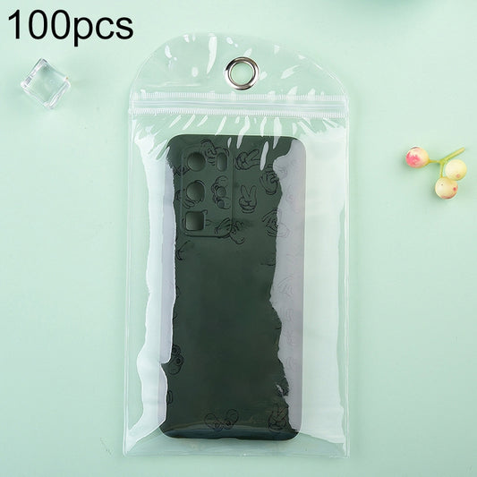 Clear PVC self-sealing zip bag with metal grommet, holding a dark phone case