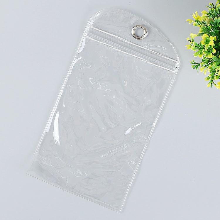 Clear PVC self-sealing zip pouch with metal grommet, front view