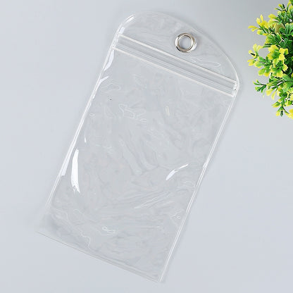 Clear PVC self-sealing zip pouch with metal grommet, front view