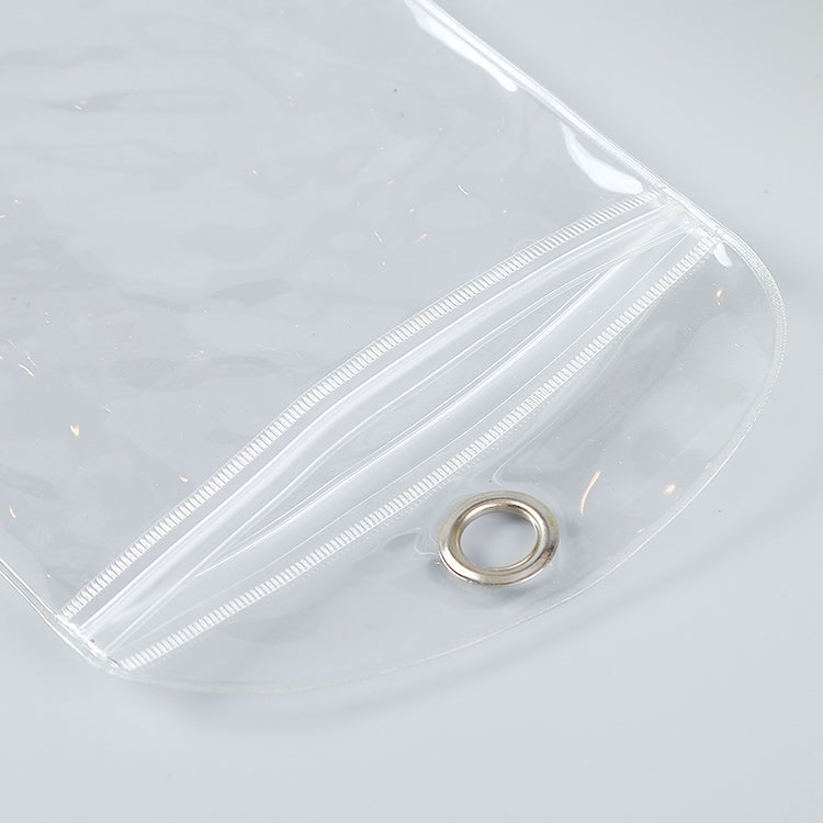 Clear PVC self-sealing bag close-up of zipper track and metal grommet