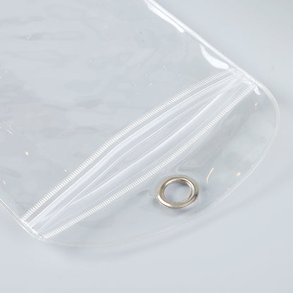 Clear PVC self-sealing bag close-up of zipper track and metal grommet