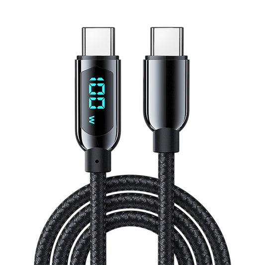 Black braided USB-C to USB-C charging cable with teal digital power display