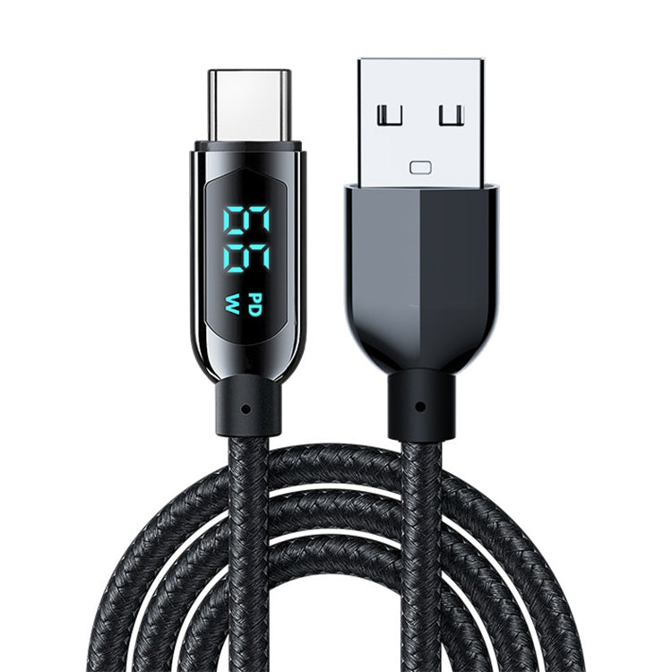 Black braided USB to Type-C charging cable with digital power display