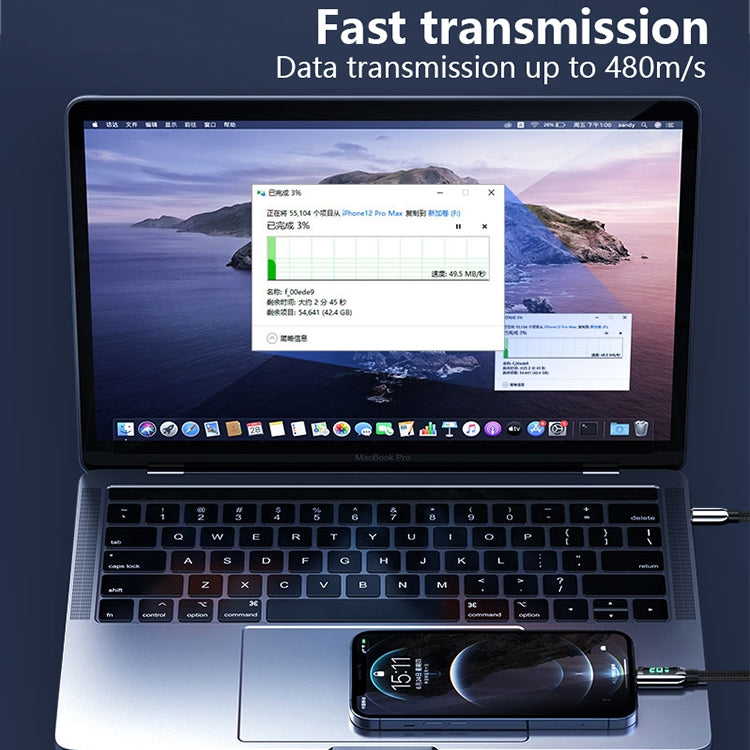 USB to Type-C charging cable for fast data, connected with inline digital display