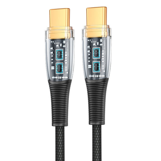 Transparent USB-C to USB-C charging and data cable with gold connectors, 1.2m.