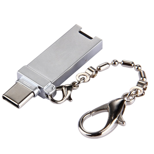 Silver USB-C connector adapter with metal keychain chain and swivel clasp