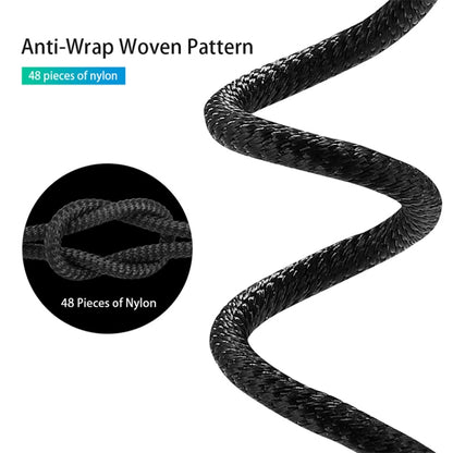 Close-up of black nylon braided magnetic USB-A to USB-C cable with anti-wrap weave