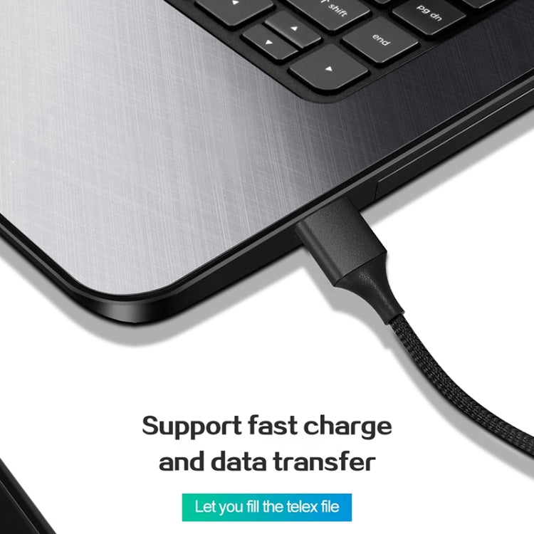 Black nylon braided magnetic USB-A to USB-C cable with USB-C plug connected to a device