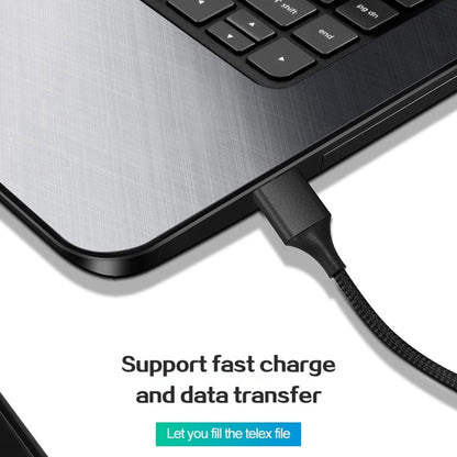 Black nylon braided magnetic USB-A to USB-C cable with USB-C plug connected to a device