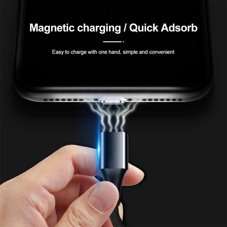 Magnetic USB-A to USB-C connector on black nylon braided cable, charging contact shown