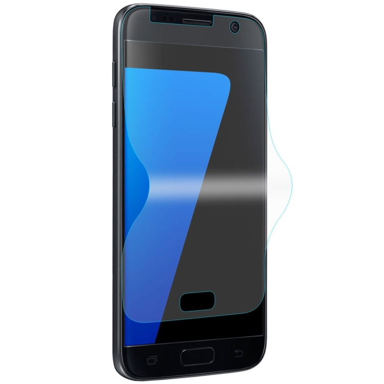 Screen protector film on black Galaxy phone, full screen coverage with cutout openings