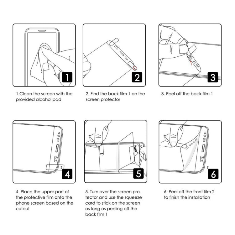 Screen protector installation instruction panels showing cleaning, peeling, and aligning steps