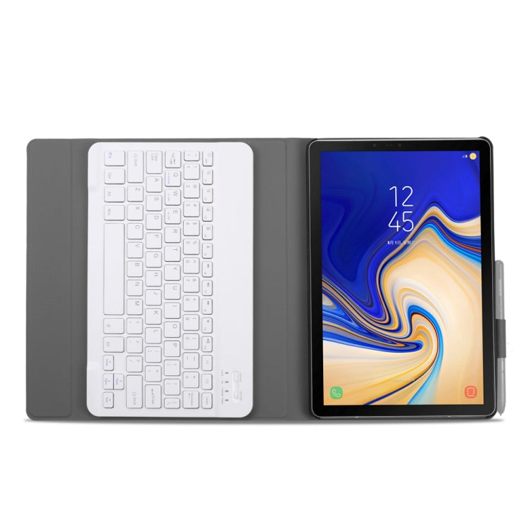 Foldable tablet keyboard case with dark gray folio, white keyboard, and tablet on stand