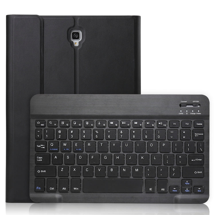 Black tablet folio case with stand and detachable Bluetooth keyboard, front view