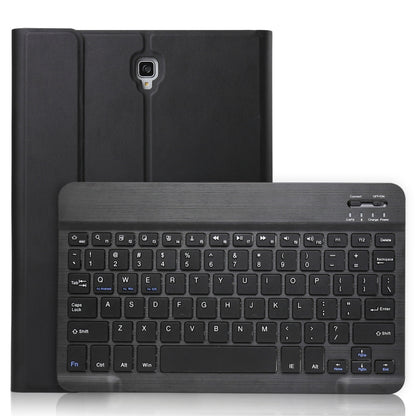Black tablet folio case with stand and detachable Bluetooth keyboard, front view
