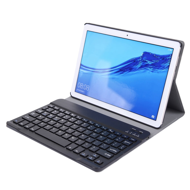 Bluetooth keyboard tablet case with folding stand, black, showing tablet and keys