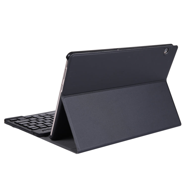 Tablet keyboard case with built-in stand, black exterior, angled viewing position