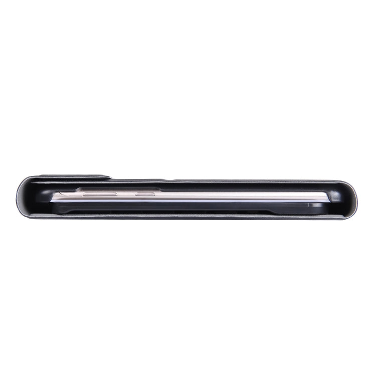 Tablet keyboard case side view with slim hinge and protective edge, black