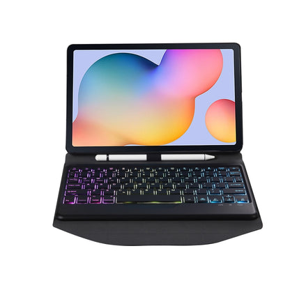 Black leather Bluetooth keyboard tablet case with rainbow backlit keys and viewing stand