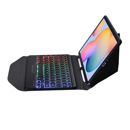 Black leather Bluetooth keyboard tablet case open, showing backlit keyboard and tablet holder