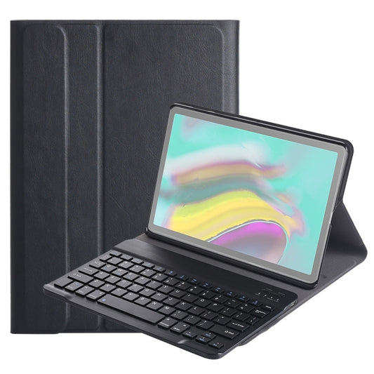 Dark tablet case with detachable keyboard and folding stand, showing screen in portrait view