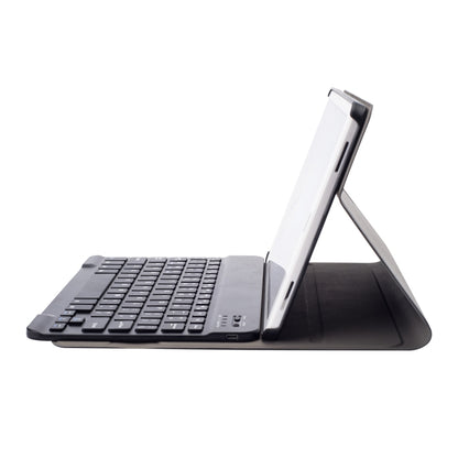 Black folio tablet keyboard case showing adjustable stand and side buttons