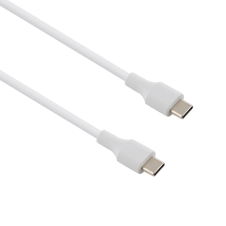 White USB-C male to male cable, angled view of metal-plug ends