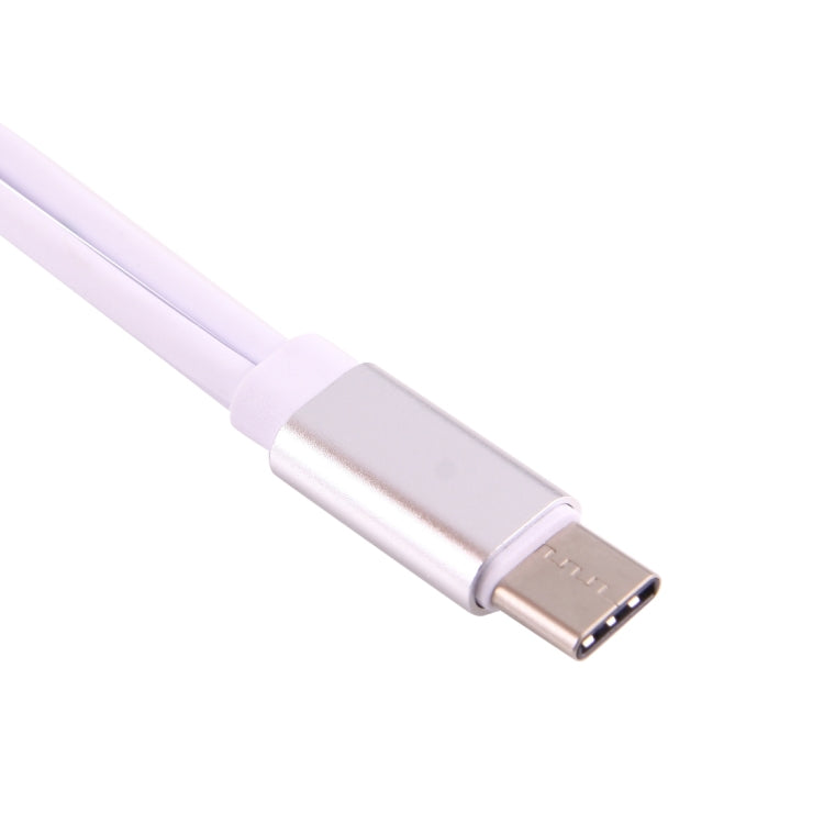 Silver USB-C male audio adapter connector with attached cable and 3.5mm output