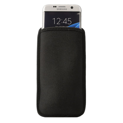 Black neoprene cell phone bag with top opening and elastic edge