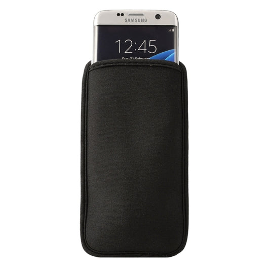 Black neoprene cell phone bag with top opening and elastic edge