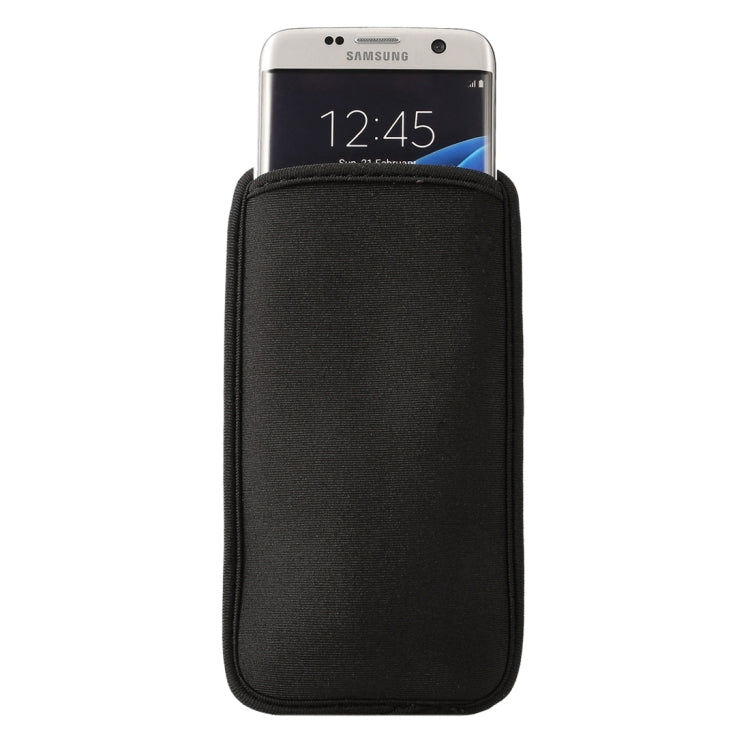 Black neoprene phone sleeve holding a smartphone with screen facing up