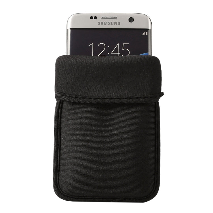 Black neoprene phone sleeve with wide flap and elastic strap