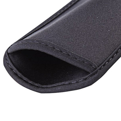 Close-up of black neoprene phone pouch edge stitching and elastic trim