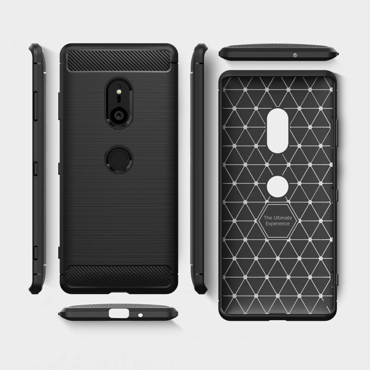 Brushed TPU phone case front and back view, dark gray with carbon fiber accents