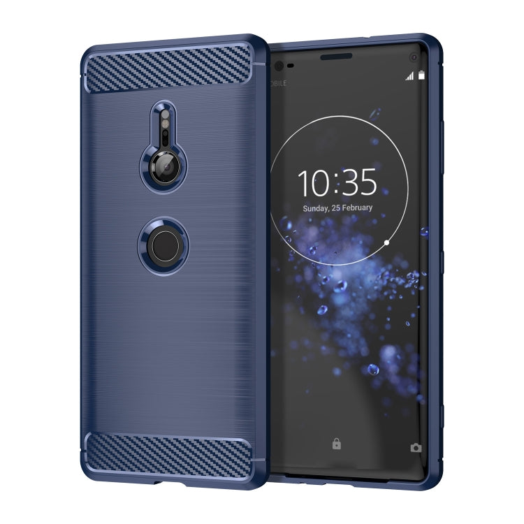 Blue carbon-fiber TPU phone case for Sony Xperia XZ3, shockproof bumper, ring holder