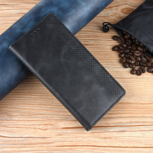 Magnetic snap flip leather phone case with textured panel, holder and card slots, dark.