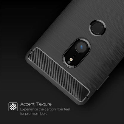 Black case with carbon-fiber style accent strip, camera and fingerprint cutouts