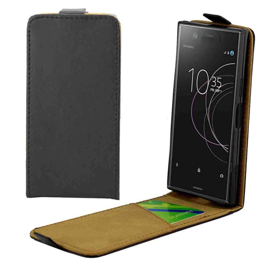 Black leather vertical flip phone case with card slot, shown open
