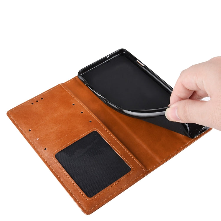 Brown leather wallet flip case with card slot window and side phone opening