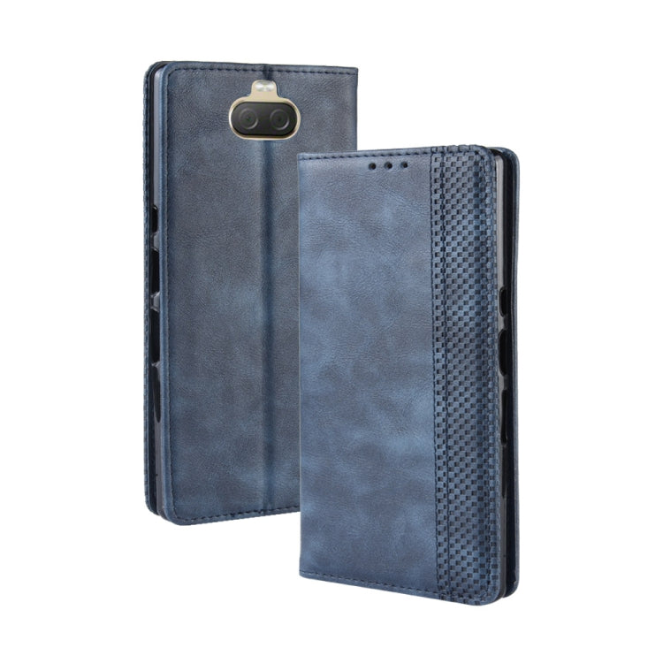 Blue leather flip phone case with card slots and textured side panel