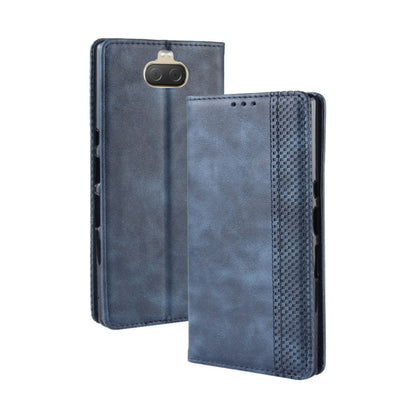 Blue leather flip phone case with card slots and textured side panel