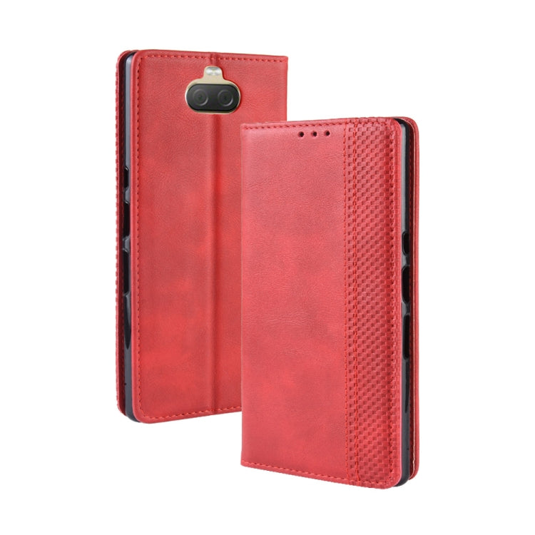 Red leather flip phone case with card slots and textured right side