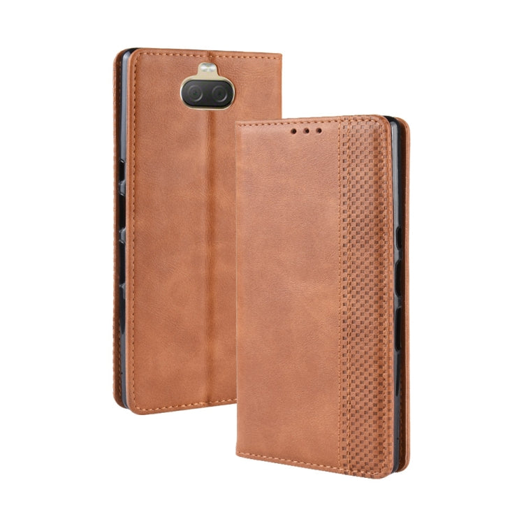 Tan/brown leather flip phone case with card slots and textured side panel