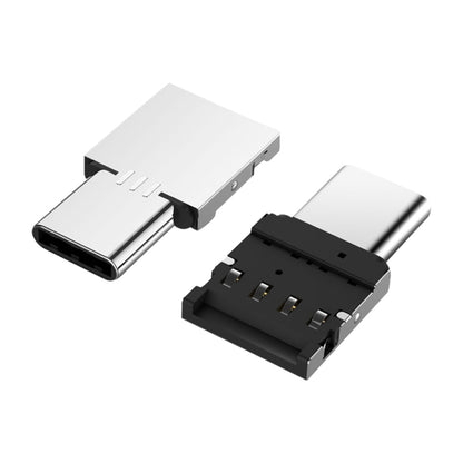Aluminum USB-C male to USB female OTG adapter connector, silver body and black port