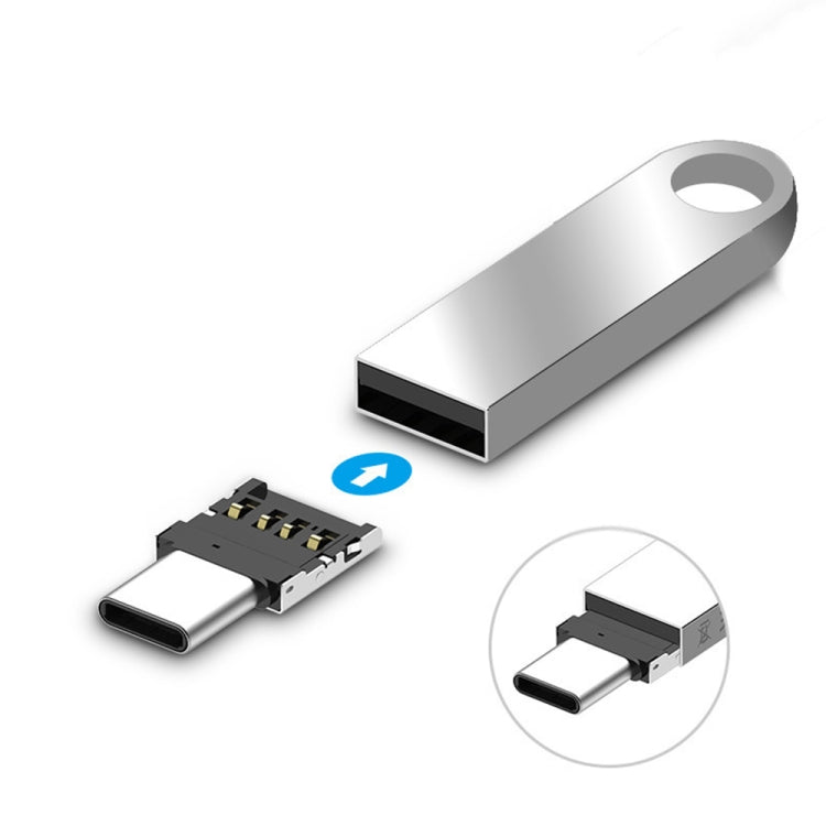 Aluminum USB-C OTG adapter connector with USB female port, silver metal plug