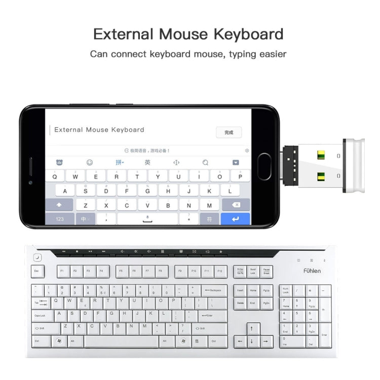 USB-C OTG adapter connector attached to external keyboard setup