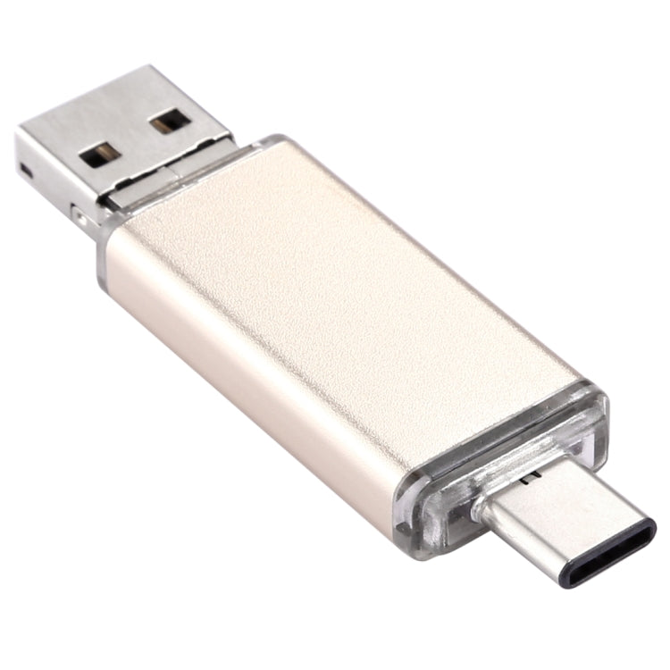 Gold 16GB USB Type-C flash drive connector view with USB-A plug and cover
