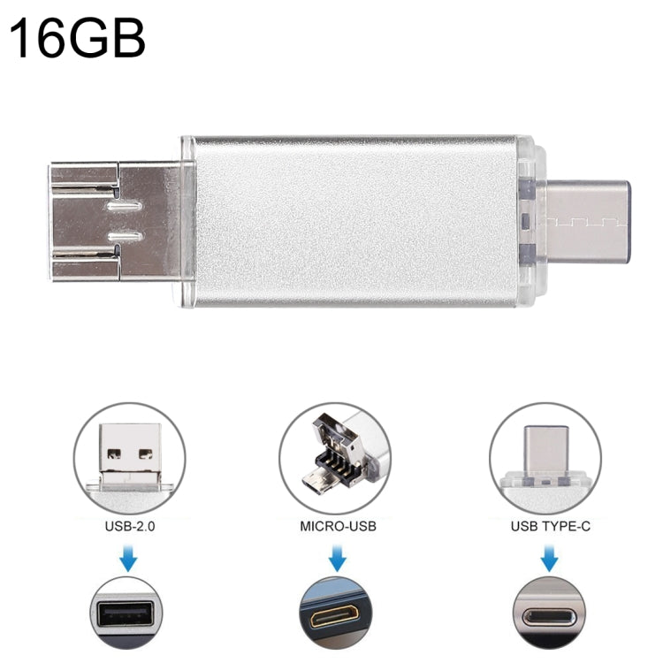 Silver USB flash drive, 16GB with USB-A and USB Type-C connectors